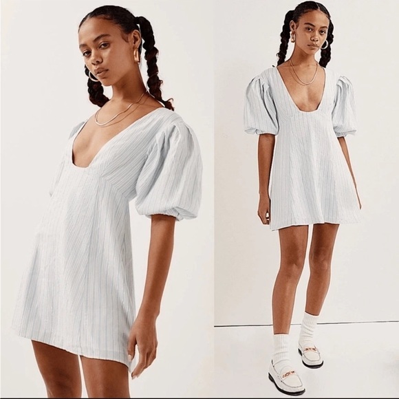 For Love & Lemons Womens Blue White Striped Puff Sleeve Mini Dress NWT Large - Picture 1 of 10